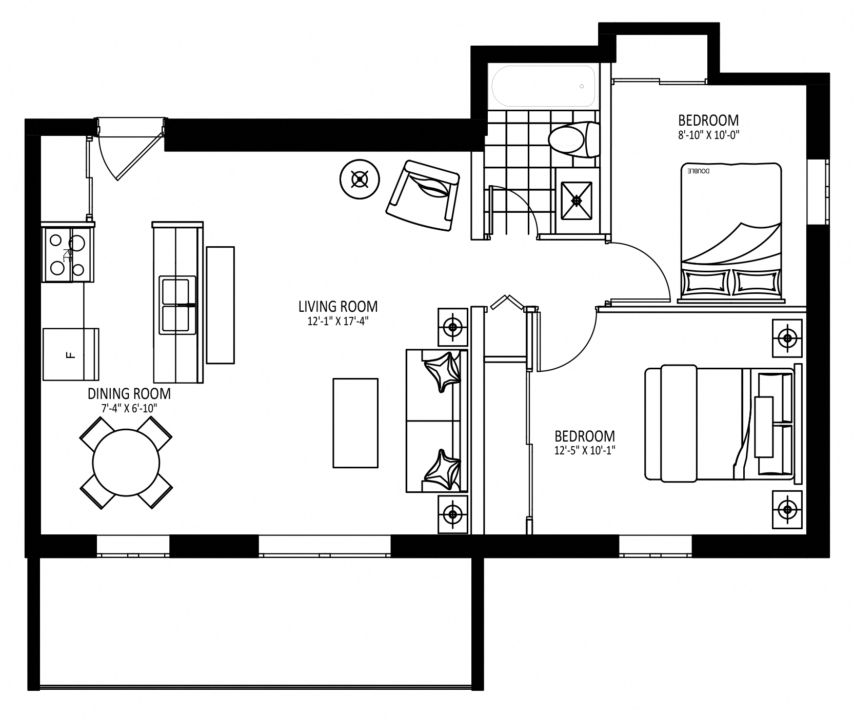 Floor plan for 2 beds, 1 bath, 735 sqft